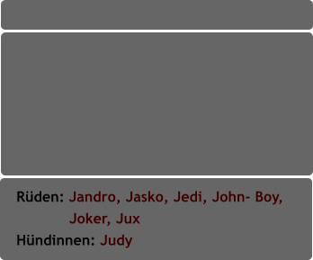 Rüden: Jandro, Jasko, Jedi, John- Boy,              Joker, Jux                       Hündinnen: Judy
