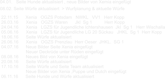 04.01.   Seite Hunde aktualisiert , neue Bilder von Xemia eingefügt   08.02. Seite Würfe aktualisiert  > Wurfplanung & aktuelle Würfe   22.11.15      Xenia   OGZS Potsdam   NWKL   VV1   Herr Kopp  26.03.16      Xenia   OGZS Waren      Jkl  Sg 1          Herr Kopp  24.04.16      Xenia   LGZS für Jugendliche Ichtershausen  Jkl  Sg 1   Herr Wischalla 05.06.16      Xenia   LGZS für Jugendliche LG 20 Sückau   JHKL  Sg 1  Herr Kopp 18.06.16      Seite Würfe aktualisiert   26.06.16      Xenia   OGZS Prenzlau  Herr Oeser  JHKL.  SG 1 04.07.16      Neue Bilder Seite Xenia eingefügt                     Neuer Deckrüde unter Rüden eingefügt 08.08.16      Neues Bild von Xenia eingefügt 20.08.16      Seite Würfe aktualisiert 17.10.16      Seite Würfe und Seite Team aktualisiert                      Neue Bilder von Xenia ,Puppe und Dutch eingefügt 06.11.16      Seite Hunde und Würfe aktualisiert